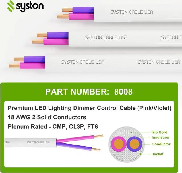 Alt view image 5 of 7 - SYSTON CABLE TECHNOLOGY 18/2 LED Lighting Dimmer Dimming Luminaire Control Wire Cable,18 AWG 2 Conductors Solid Bare Copper Unshielded Plenum Rated CMP CL3P FT6, for Ballast Wiring and Connection