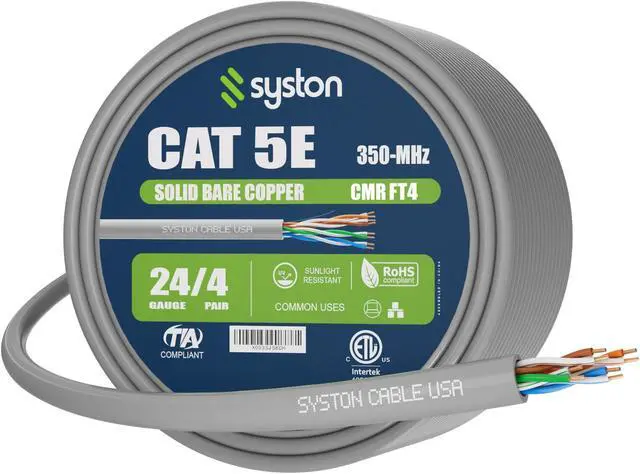 Main image of Syston Cable Technology CAT 5E Ethernet Bulk Cable,350MHz,24/4pr Solid Copper,CMR,Indoor/Outdoor,100 ft. Gray