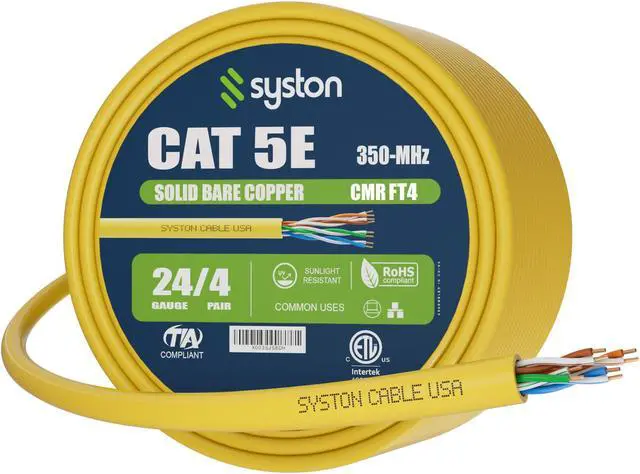 Main image of Syston Cable Technology CAT 5E Ethernet Bulk Cable,350MHz,24/4pr Solid Copper,CMR,Indoor/Outdoor,100 ft. Yellow
