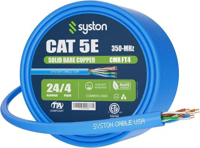 Main image of Syston Cable Technology CAT 5E Ethernet Bulk Cable,350MHz,24/4pr Solid Copper,CMR,Indoor/Outdoor,250 ft. Blue