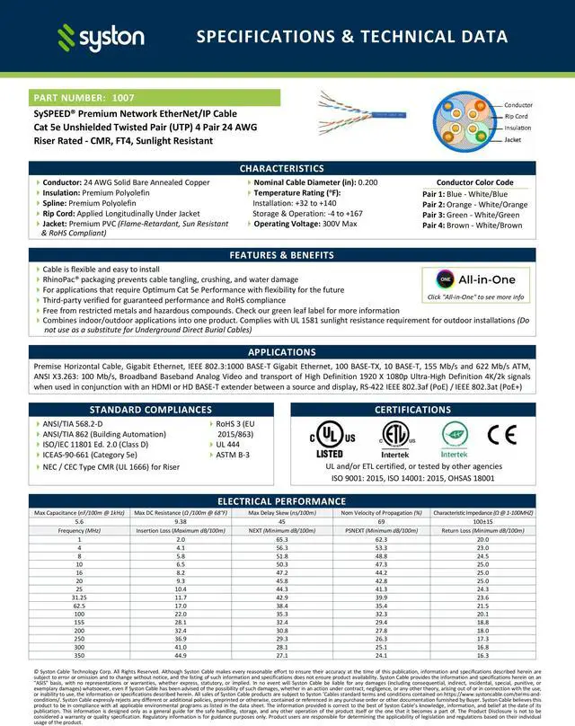 Alt view image 3 of 7 - Syston Cable Technology CAT 5E Ethernet Bulk Cable,350MHz,24/4pr Solid Copper,CMR,Indoor/Outdoor,250 ft. Blue