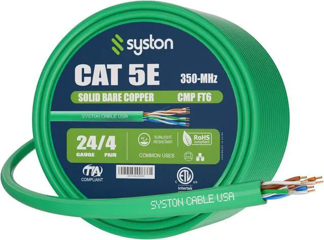 Main image of SYSTON CABLE TECHNOLOGY CAT 5E Ethernet Bulk Cable, 350MHz, 24/4pr Solid CU, CMP, Indoor/Outdoor 50 ft. Green