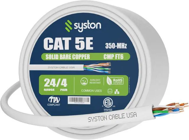 Main image of SYSTON CABLE TECHNOLOGY CAT 5E Ethernet Bulk Cable, 350MHz, 24/4pr Solid CU, CMP, Indoor/Outdoor 100 ft. White