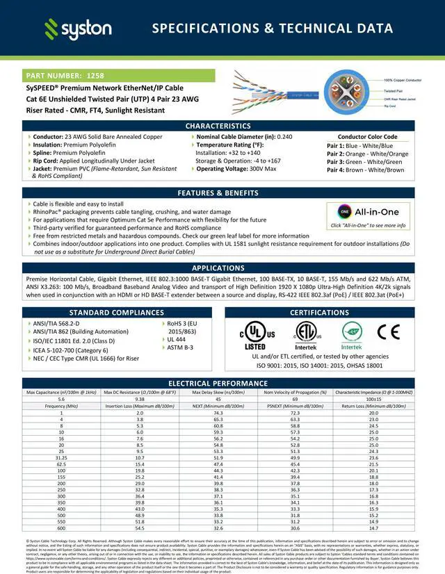 Alt view image 3 of 7 - SYSTON CABLE TECHNOLOGY CAT 6E Ethernet Bulk Cable, 600MHz, 23/4pr Solid CU, CMR, Indoor/Outdoor 50 ft. Black
