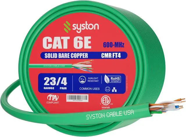 Main image of SYSTON CABLE TECHNOLOGY CAT 6E Ethernet Bulk Cable, 600MHz, 23/4pr Solid CU, CMR, Indoor/Outdoor 100 ft. Green