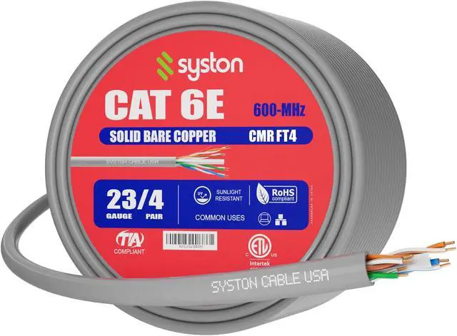 Main image of SYSTON CABLE TECHNOLOGY CAT 6E Ethernet Bulk Cable, 600MHz, 23/4pr Solid CU, CMR, Indoor/Outdoor 100 ft. Gray