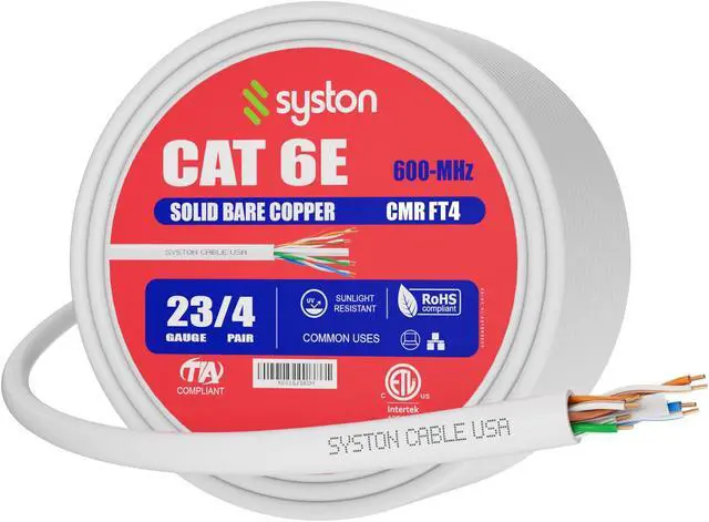 Main image of SYSTON CABLE TECHNOLOGY CAT 6E Ethernet Bulk Cable, 600MHz, 23/4pr Solid CU, CMR, Indoor/Outdoor 250 ft. White