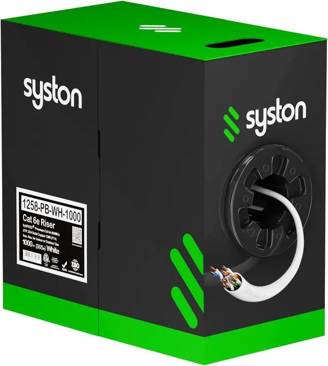 Main image of SYSTON CABLE TECHNOLOGY CAT 6E Ethernet Bulk Cable, 600MHz, 23/4pr Solid CU, CMR, Indoor/Outdoor 1000 ft. White