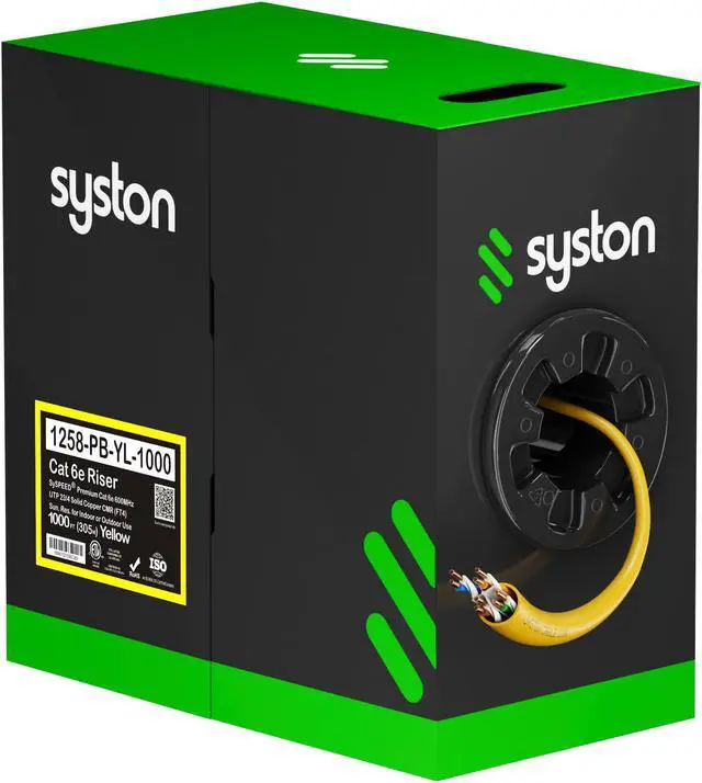Main image of SYSTON CABLE TECHNOLOGY CAT 6E Ethernet Bulk Cable, 600MHz, 23/4pr Solid CU, CMR, Indoor/Outdoor 1000 ft. Yellow