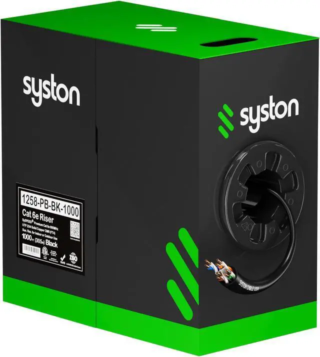 Main image of SYSTON CABLE TECHNOLOGY CAT 6E Ethernet Bulk Cable, 600MHz, 23/4pr Solid CU, CMR, Indoor/Outdoor 1000 ft. Black