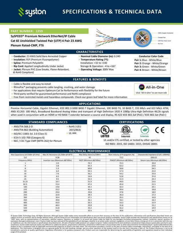 Alt view image 3 of 7 - SYSTON CABLE TECHNOLOGY CAT 6E Ethernet Bulk Cable, 600MHz, 23/4pr Solid CU, CMP, Indoor/Outdoor 500 ft. Blue