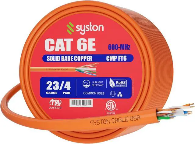 Main image of SYSTON CABLE TECHNOLOGY CAT 6E Ethernet Bulk Cable, 600MHz, 23/4pr Solid CU, CMP, Indoor/Outdoor 250 ft. Orange