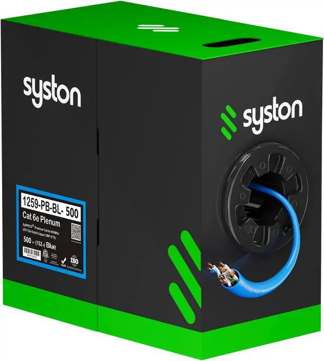 Main image of SYSTON CABLE TECHNOLOGY CAT 6E Ethernet Bulk Cable, 600MHz, 23/4pr Solid CU, CMP, Indoor/Outdoor 500 ft. Blue