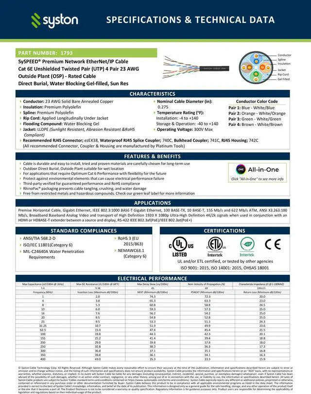 Alt view image 3 of 7 - SYSTON CABLE TECHNOLOGY CAT 6E Ethernet Bulk Cable, Direct Burial, 600 MHz, 23/4pr Solid CU, Outdoor 100 ft. Black
