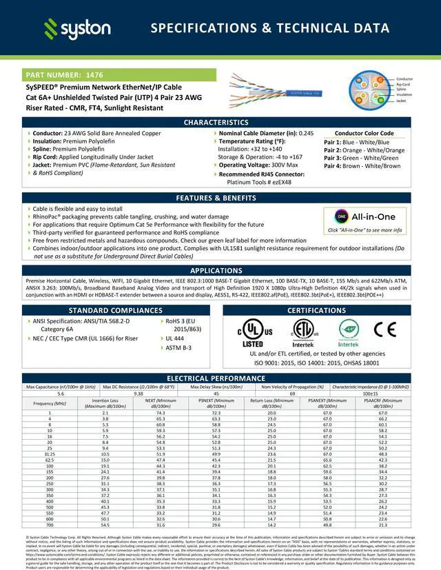 Alt view image 3 of 7 - SYSTON CABLE TECHNOLOGY Cat 6A+ Ethernet Bulk Cable, 700MHz, 23/4pr Solid CU, CMR, Indoor/Outdoor 250 ft. White