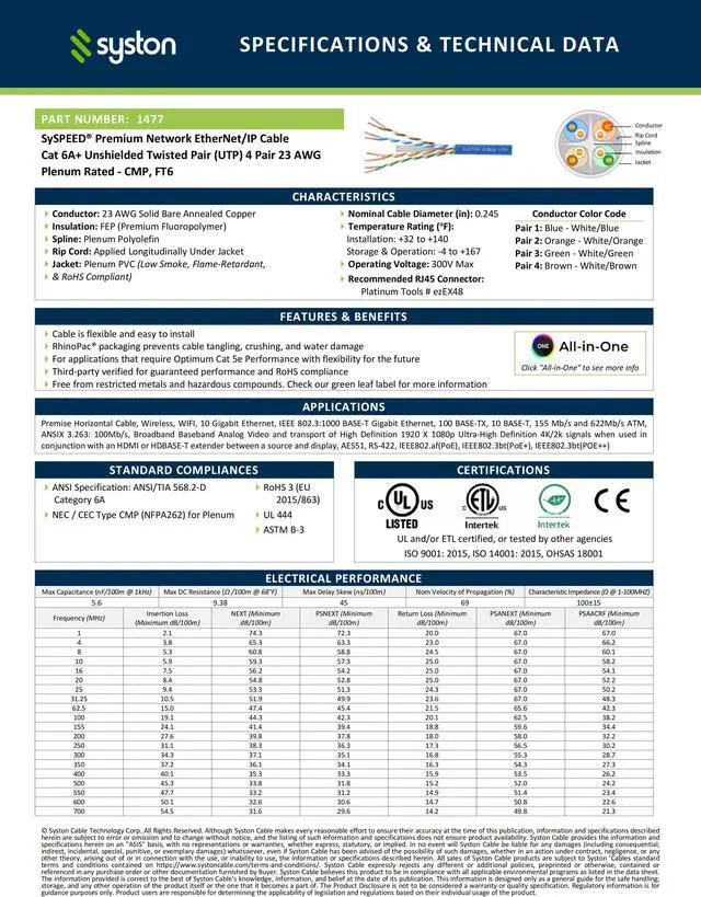 Alt view image 3 of 7 - SYSTON CABLE TECHNOLOGY Cat 6A+ Ethernet Bulk Cable, 700MHz, 23/4pr Solid CU, CMP, Indoor/Outdoor 250 ft. Blue