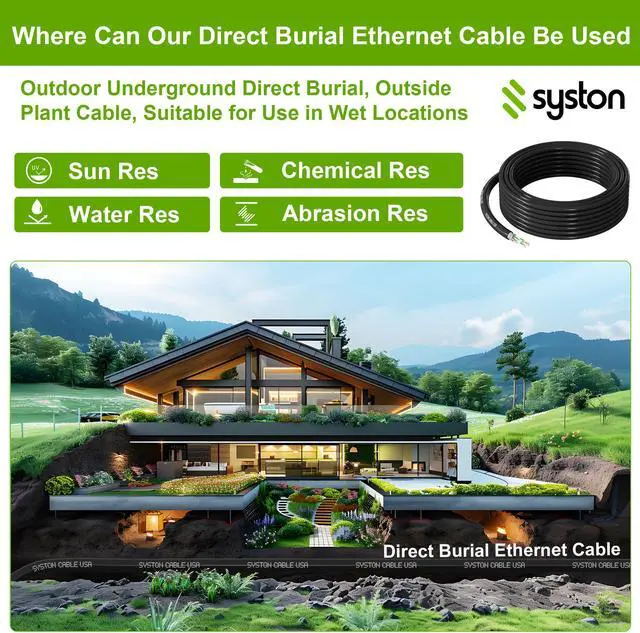 Alt view image 6 of 7 - SYSTON CABLE TECHNOLOGY CAT 6A+ Ethernet Bulk Cable, Direct Burial, 700 MHz, 23/4pr Solid CU, Outdoor 100 ft. Black