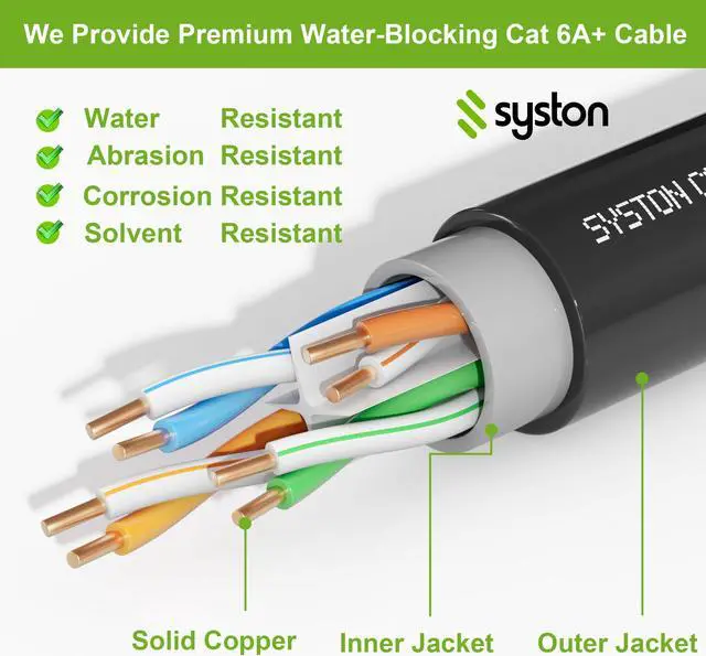 Alt view image 4 of 7 - SYSTON CABLE TECHNOLOGY CAT 6A+ Ethernet Bulk Cable, Direct Burial, 700 MHz, 23/4pr Solid CU, Outdoor 100 ft. Black