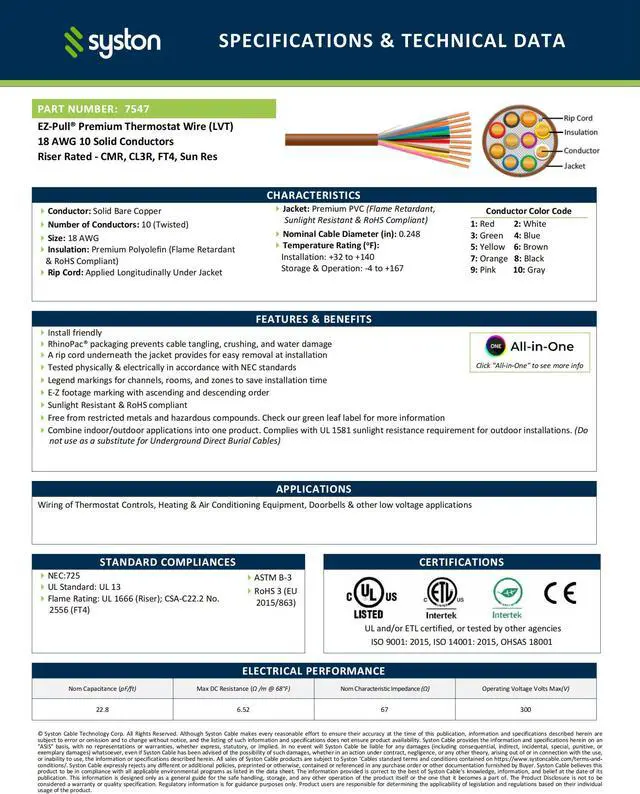Alt view image 3 of 7 - SYSTON CABLE TECHNOLOGY 18/10 Thermostat Wire, Solid Copper, Brown, CL3R, Sun Res, Indoor/Outdoor