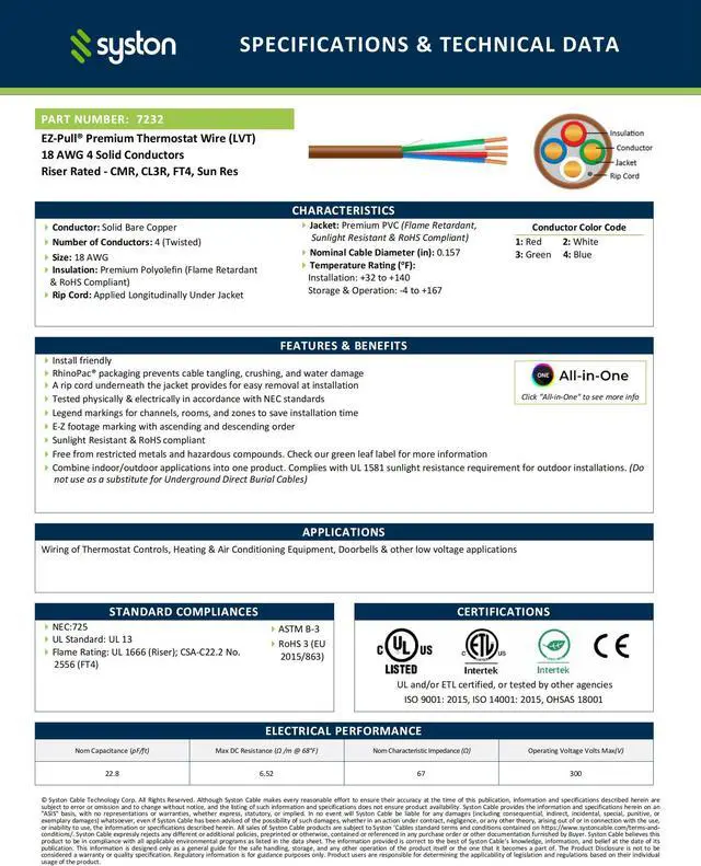 Alt view image 3 of 7 - SYSTON CABLE TECHNOLOGY 18/4 Thermostat Wire, Solid Copper, White, CL3R, Sun Res, Indoor/Outdoor White 250 ft.