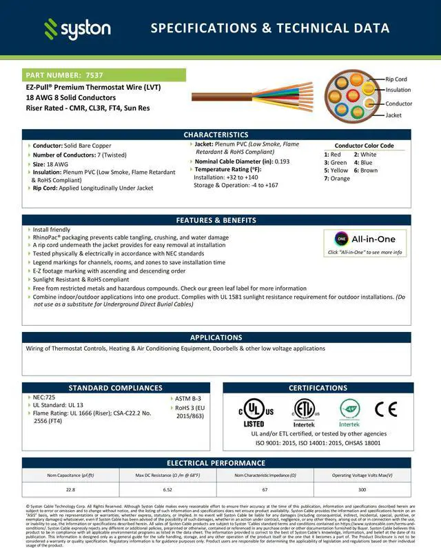 Alt view image 4 of 7 - SYSTON CABLE TECHNOLOGY 18/8 Thermostat Wire, Solid Copper, White, CL3R, Sun Res, Indoor/Outdoor