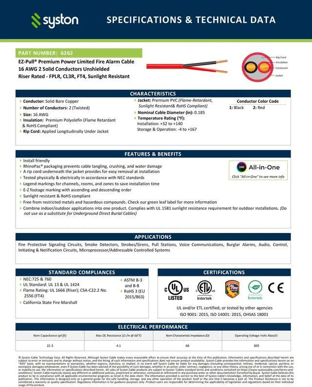 Alt view image 3 of 7 - SYSTON CABLE TECHNOLOGY 16/2 Fire Alarm Cable, Solid Copper, Red, Unshielded, FPLR, Indoor/Outdoor