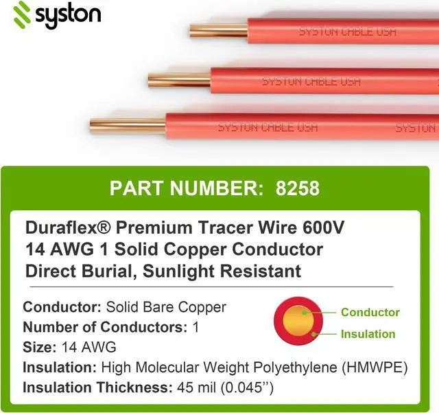 Alt view image 5 of 6 - SYSTON CABLE TECHNOLOGY 14 AWG Tracer Wire, Red, Direct Burial, Solid Bare Copper, Underground