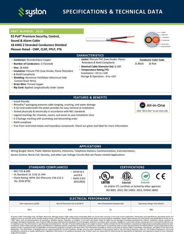 Alt view image 3 of 7 - SYSTON CABLE TECHNOLOGY 18/2 Security Wire,Burglar Alarm Cable,CL3P,Shielded,Stranded Copper,UV Res White 500 ft.