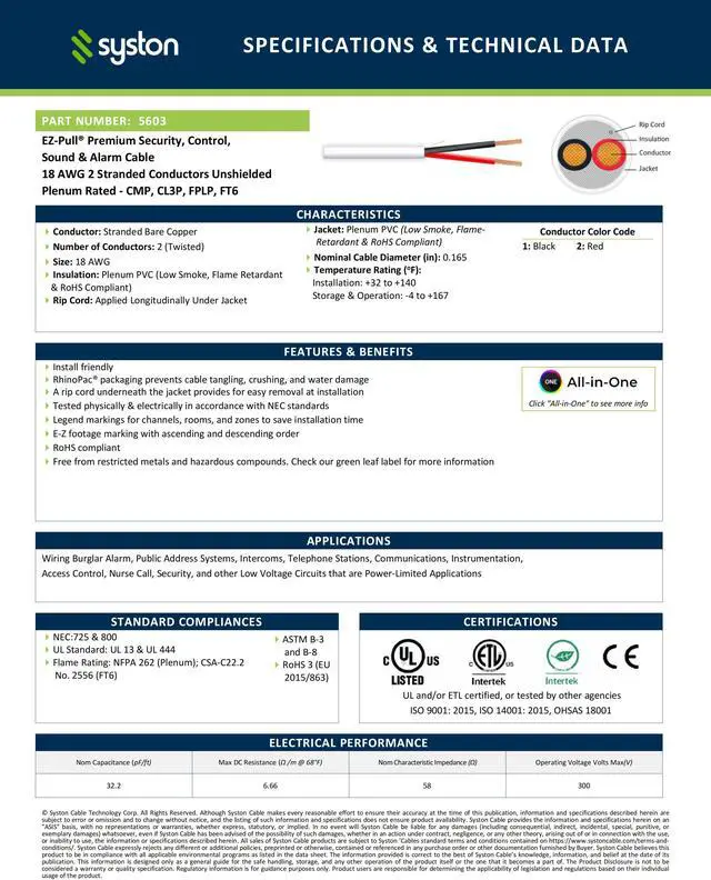 Alt view image 4 of 6 - SYSTON CABLE TECHNOLOGY 18/2 Security Wire,Burglar Alarm Cable,CL3P,Unshielded,Stranded Copper,UV Res