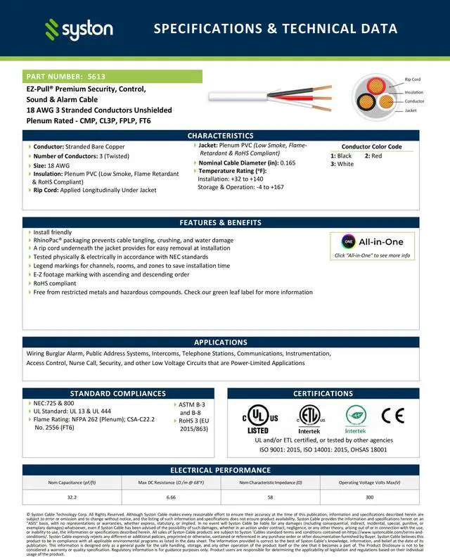 Alt view image 3 of 7 - SYSTON CABLE TECHNOLOGY 18/3 Security Wire,Burglar Alarm Cable,CL3P,Unshielded,Stranded Copper,UV Res