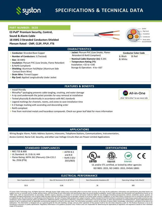 Alt view image 3 of 7 - SYSTON CABLE TECHNOLOGY 18/3 Security Wire,Burglar Alarm Cable,CL3P,Shielded,Stranded Copper,UV Res
