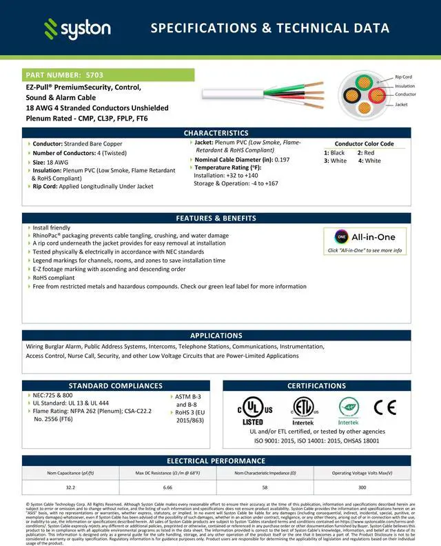 Alt view image 3 of 7 - SYSTON CABLE TECHNOLOGY 18/4 Security Wire,Burglar Alarm Cable,CL3P,Unshielded,Stranded Copper,UV Res White 100 ft.
