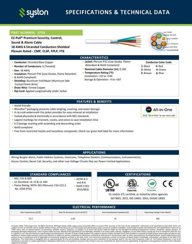 Alt view image 3 of 7 - SYSTON CABLE TECHNOLOGY 18/6 Security Wire,Burglar Alarm Cable,CL3P,Shielded,Stranded Copper,UV Res