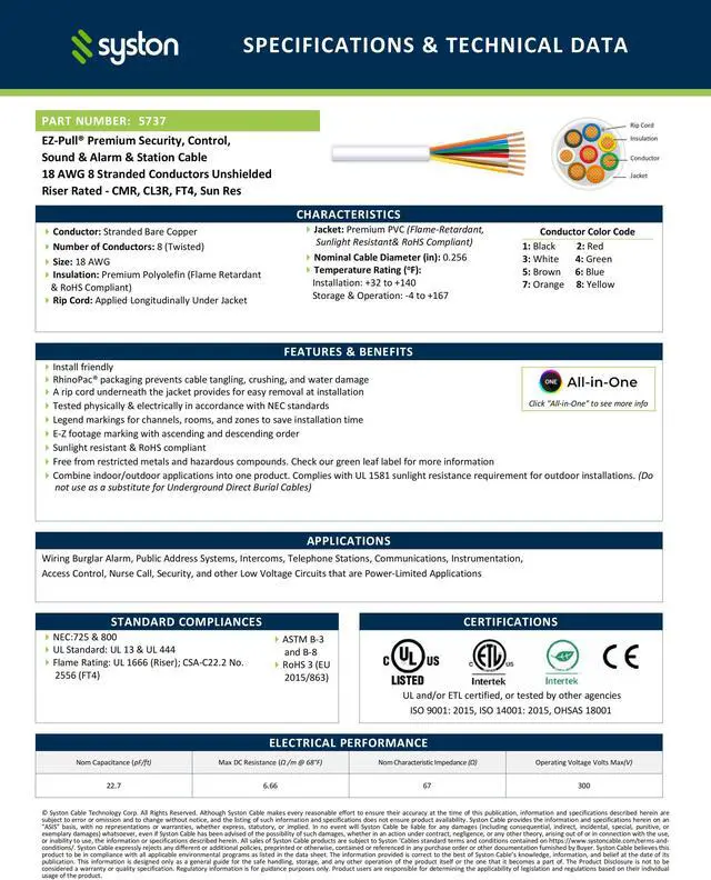 Alt view image 4 of 7 - SYSTON CABLE TECHNOLOGY 18/8 Security Wire,Burglar Alarm Cable,CL3R,Unshielded,Stranded Copper,UV Res