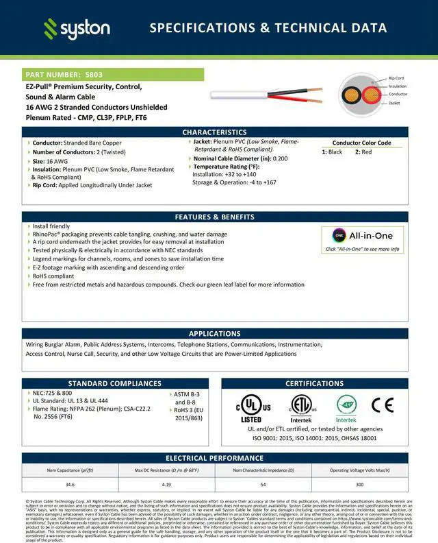 Alt view image 3 of 7 - SYSTON CABLE TECHNOLOGY 16/2 Fire Security Burglar Station Alarm Control Cable Wire CMP Unshield White 100 ft.
