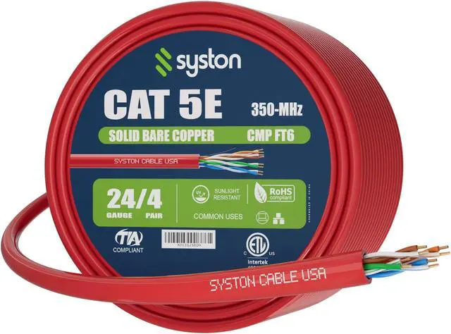 Main image of SYSTON CABLE TECHNOLOGY CAT 5E Ethernet Bulk Cable, 350MHz, 24/4pr Solid CU, CMP, Indoor/Outdoor 50 ft. White 250 ft. Red
