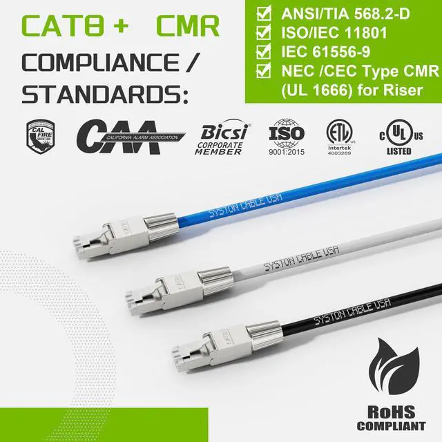 Alt view image 2 of 7 - SYSTON CABLE TECHNOLOGY Cat8 Ethernet Cable Patch  2000MHz 2GHz 40GB Solid Bare Copper S/FTP Braided Shielded, 22/4 22 AWG 4 Pair CMR CL2R FT4, Network LAN Cable for Indoor/Outdoor White 10 ft.