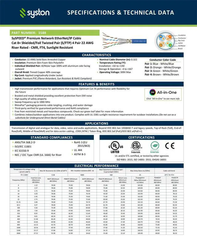 Alt view image 3 of 7 - SYSTON CABLE TECHNOLOGY Cat8 Ethernet Cable Patch  2000MHz 2GHz 40GB Solid Bare Copper S/FTP Braided Shielded, 22/4 22 AWG 4 Pair CMR CL2R FT4, Network LAN Cable for Indoor/Outdoor White 10 ft.