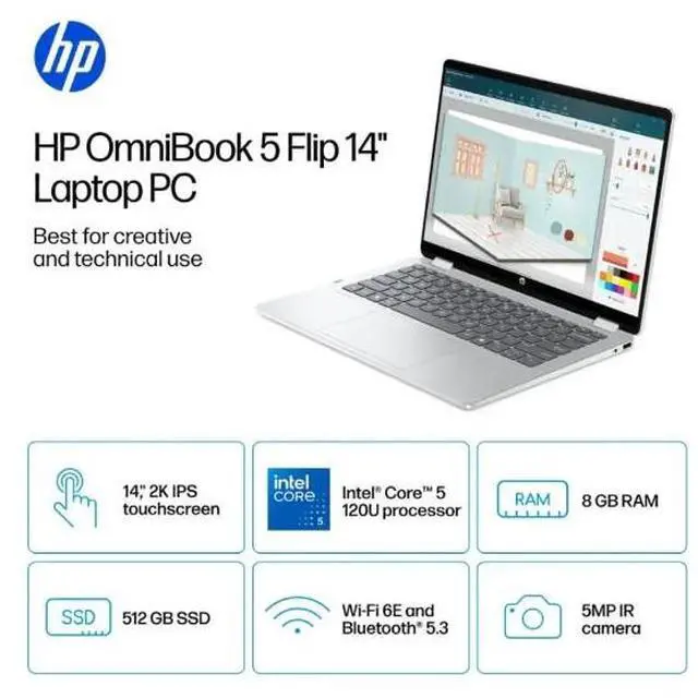 Alt view image 2 of 7 - HP - OmniBook 5 Flip 2-in-1 14" 2K Touch-Screen Laptop - Intel Core 5 - 8GB Memory - 512GB SSD - Glacier Silver