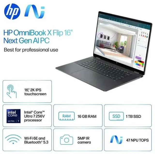 Alt view image 2 of 3 - HP - OmniBook X Flip 2-in-1 - Copilot+ PC - 16" 2K Touch-Screen Laptop - Intel Core Ultra 7 - 16GB Memory - 1TB SSD - Eclipse Gray
