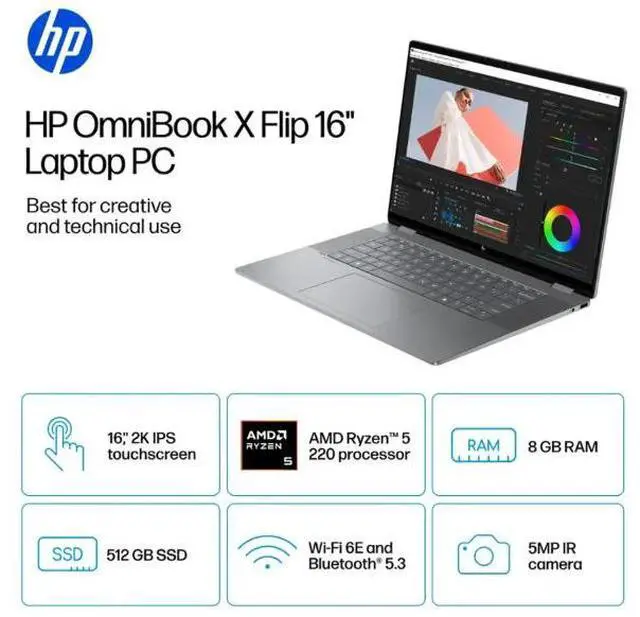 Alt view image 2 of 3 - HP - OmniBook X Flip 2-in-1 16" 2K Touch-Screen Laptop - AMD Ryzen 5 - 8GB Memory - 512GB SSD - Meteor Silver