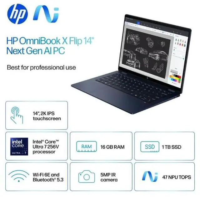 Alt view image 2 of 3 - HP - OmniBook X Flip 2-in-1 - Copilot+ PC - 14" 2K Touch-Screen Laptop - Intel Core Ultra 7 - 16GB Memory - 1TB SSD - Atmospheric Blue