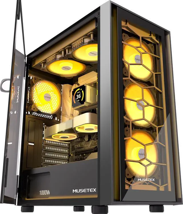 Main image of MUSETEX ATX PC Case, 6 PWM ARGB Fans Pre-Installed, Computer Case with Opening Tempered Glass Door, Mid Tower Gaming PC Case, USB 3.0 x 2, Black, G07