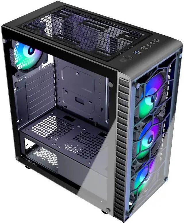 Alt view image 2 of 6 - ATX PC Case 4 RGB Fans(Fix Color) Pre-Installed, USB 3.0 ATX Gaming PC Case, Tempered Glass Mid Tower Computer Case, Black,R7