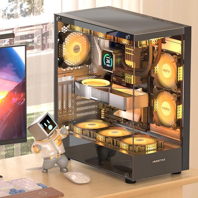 Alt view image 6 of 6 - MUSETEX PC CASE 6 PWM ARGB Fans Pre-Installed, ATX Mid Tower Computer Case with Full-View Dual Tempered Glass, Type-C Gaming PC Case,Black