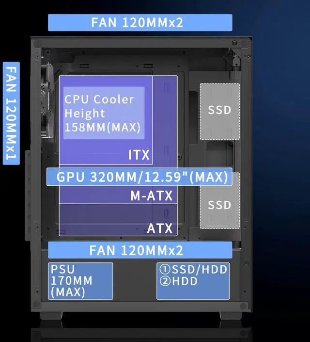Alt view image 6 of 6 - ATX PC Case, Tempered Glass Gaming PC Case, Integrated Panel Design ATX Case, Pre-Install 1Non-LED Fan, Computer Case with USB 3.0, Black,625V