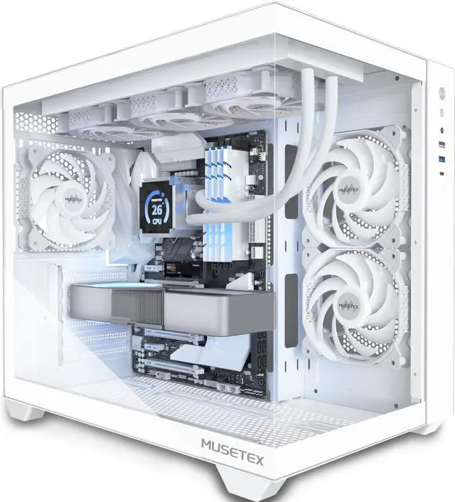Main image of MUSETEX ATX PC Case, 360MM RAD Support, 3 x 120mm Fans Pre-Installed, 270° Full View Tempered Glass Gaming PC Case with Type-C, Mid Tower ATX Computer Case, White, Y6