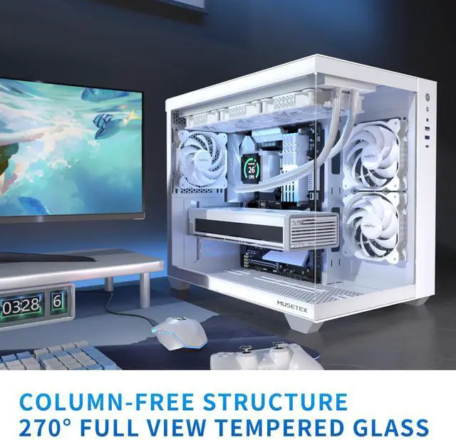 Alt view image 2 of 6 - MUSETEX ATX PC Case, 360MM RAD Support, 3 x 120mm Fans Pre-Installed, 270° Full View Tempered Glass Gaming PC Case with Type-C, Mid Tower ATX Computer Case, White, Y6