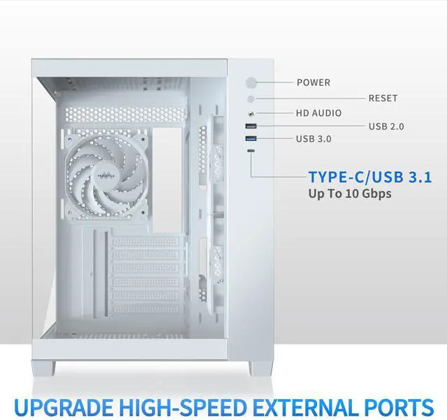 Alt view image 4 of 6 - MUSETEX ATX PC Case, 360MM RAD Support, 3 x 120mm Fans Pre-Installed, 270° Full View Tempered Glass Gaming PC Case with Type-C, Mid Tower ATX Computer Case, White, Y6
