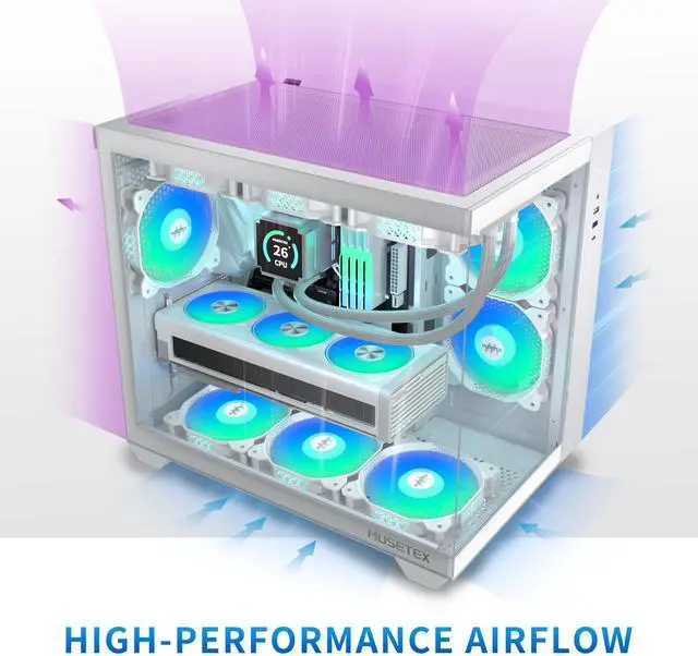 Alt view image 3 of 7 - MUSETEX ATX PC Case, 6 PWM ARGB Fans Pre-Installed, 360MM RAD Support, Type-C Gaming PC Case, 270° Full View Tempered Glass Mid Tower, Pure White ATX Computer Case,Y6